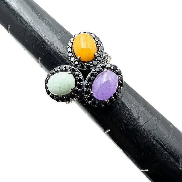 Jade of Yesteryear Womens Ring Sterling Silver Green Purple Yellow Jade Size 6 - Picture 4 of 4